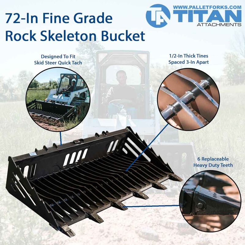 72" Fine Grade Skeleton Rock Bucket w/ Teeth For Skid Steers