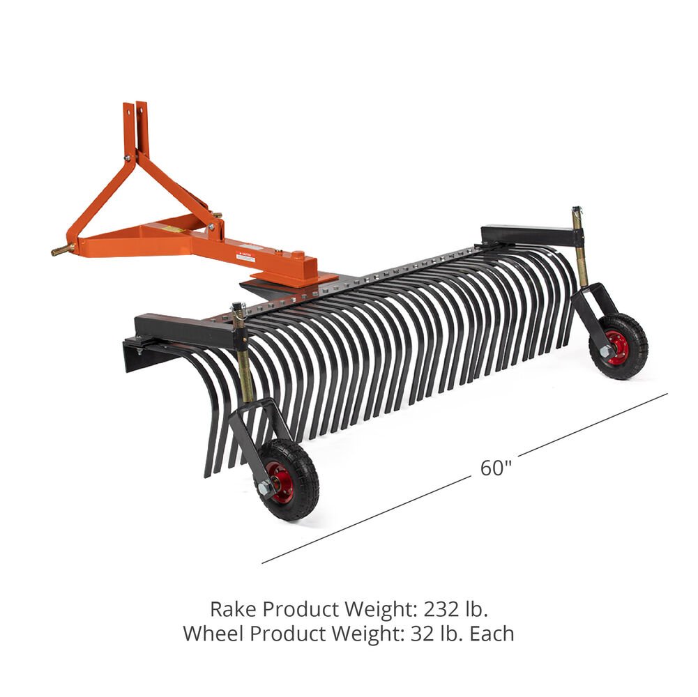 3 Point 6 FT Landscape Rake with Bolt-On Wheels for Compact Tractors ...